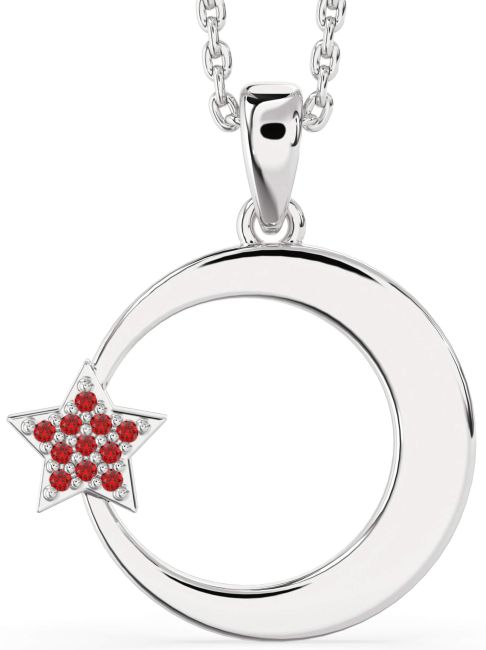Ruby Silver Crescent Moon Star Necklace