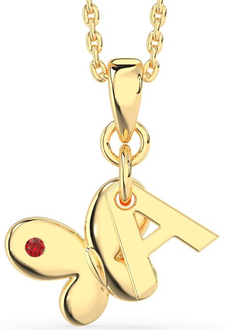 Ruby Gold Silver Butterfly Initial Necklace