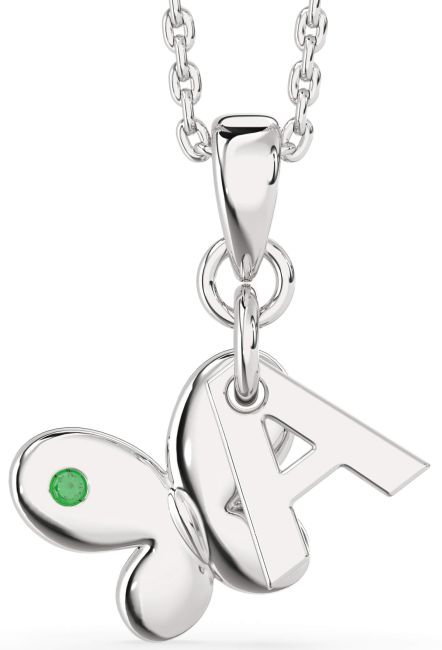 Emerald Silver Butterfly Initial Necklace