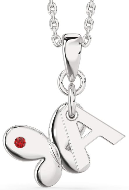 Ruby Silver Butterfly Initial Necklace