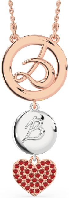 Large Ruby White Rose Gold Heart Initial Necklace