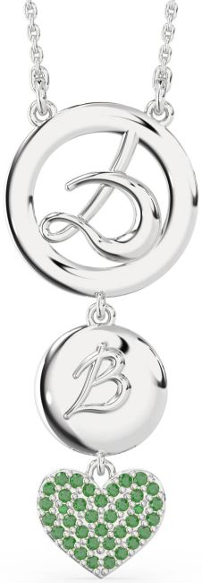 Large Emerald Platinum Heart Initial Necklace