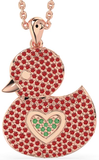 Emerald & Ruby Rose Gold Bird Necklace