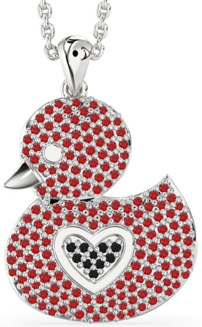 Black Diamond & Ruby Silver Bird Necklace