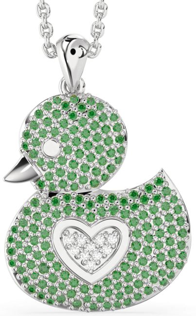 Emerald & Diamond Silver Bird Necklace