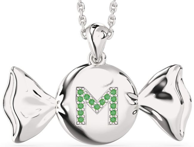 Large Emerald Platinum Candy Initial Necklace
