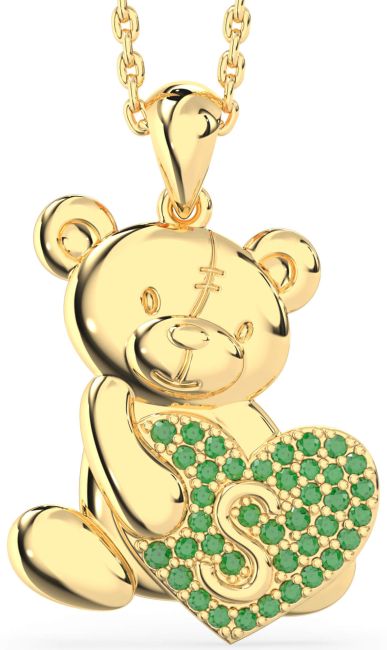 Emerald Gold Silver Initial Teddy Bear Heart Necklace