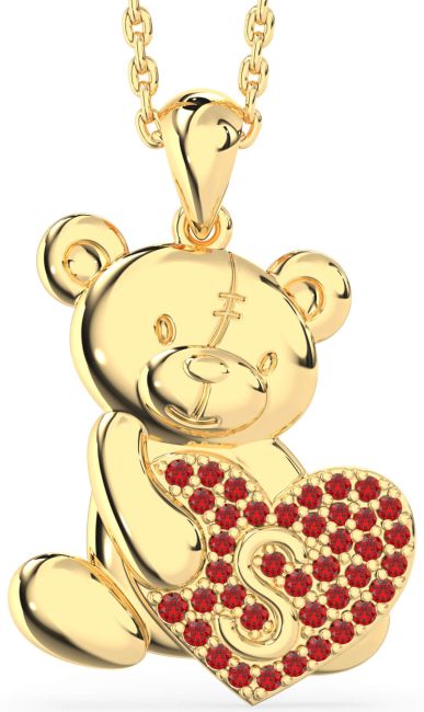 Ruby Gold Initial Teddy Bear Heart Necklace