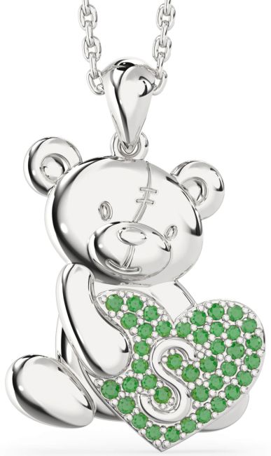 Emerald White Gold Initial Teddy Bear Heart Necklace