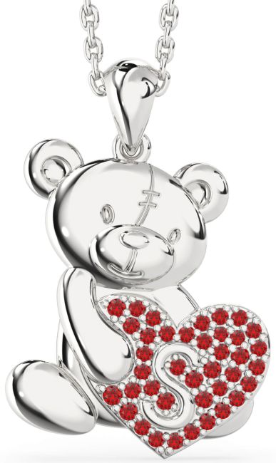 Ruby White Gold Initial Teddy Bear Heart Necklace