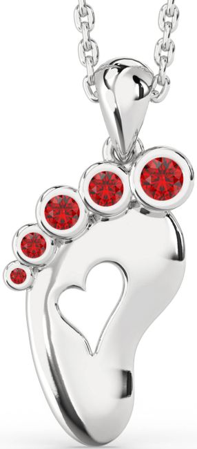 Ruby Silver Footprint Heart Necklace