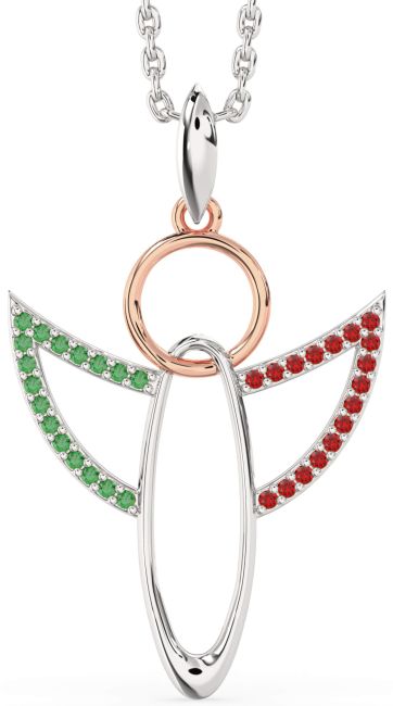 Emerald & Ruby White Rose Gold Angel Necklace