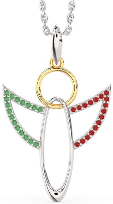 Emerald & Ruby White Yellow Gold Angel Necklace