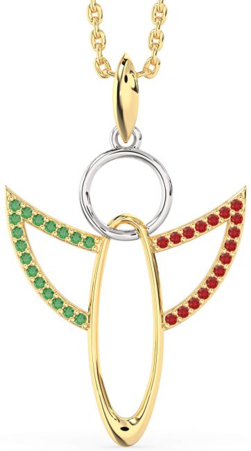 Emerald & Ruby White Yellow Gold Angel Necklace