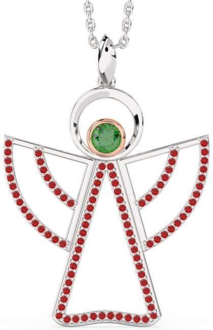 Large Emerald & Ruby Silver & 10K Rose Gold Angel Necklace