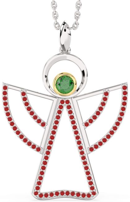 Large Emerald & Ruby Gold Silver Angel Necklace