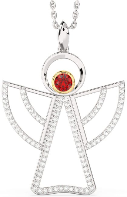 Large Ruby Silver & 10K gold Angel Necklace