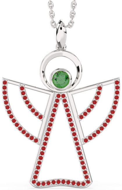 Large Emerald & Ruby White Gold Angel Necklace