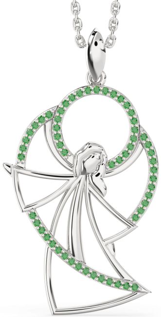 Large Emerald Silver Angel Necklace