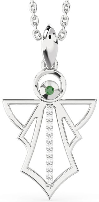 Diamond Emerald Silver Angel Necklace
