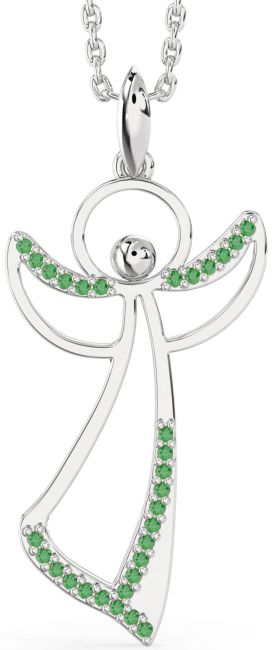 Large Emerald Silver Angel Necklace