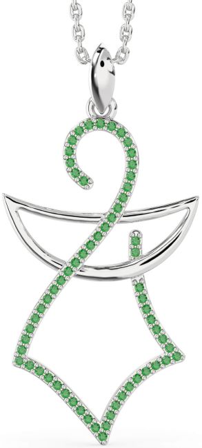 Large Emerald Silver Angel Necklace