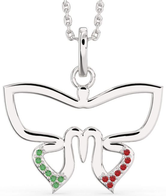Large Emerald & Ruby Silver Butterfly Necklace
