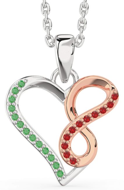 Emerald & Ruby Rose Gold Silver Heart Infinity Necklace