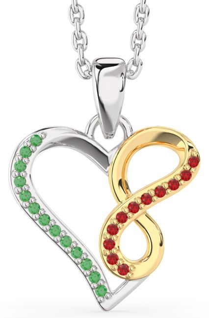 Emerald & Ruby Platinum & Yellow Gold Heart Infinity Necklace