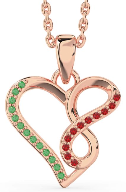 Emerald & Ruby Rose Gold Heart Infinity Necklace