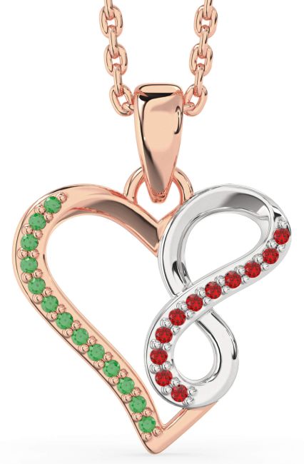 Emerald & Ruby White Rose Gold Heart Infinity Necklace