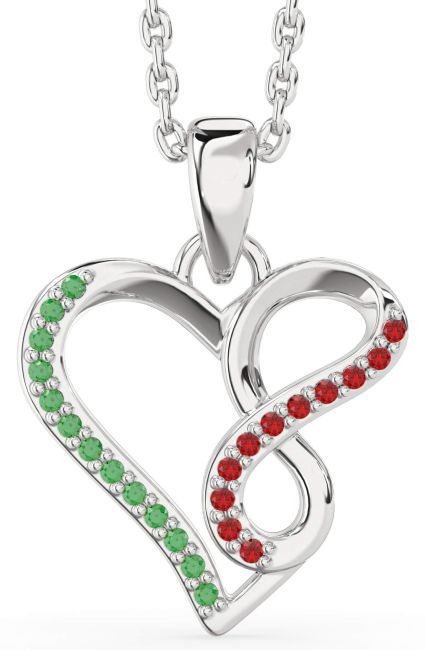 Emerald & Ruby White Gold Heart Infinity Necklace