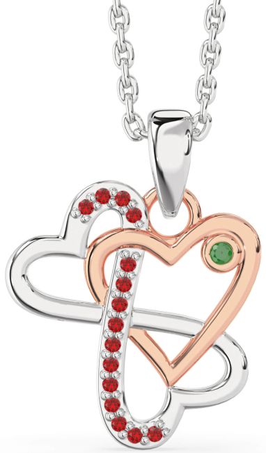 Emerald & Ruby White Rose Gold Heart Infinity Necklace