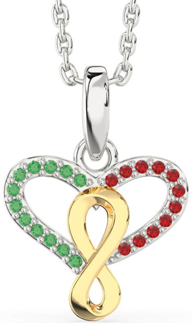 Emerald & Ruby Silver & 10K gold Heart Infinity Necklace