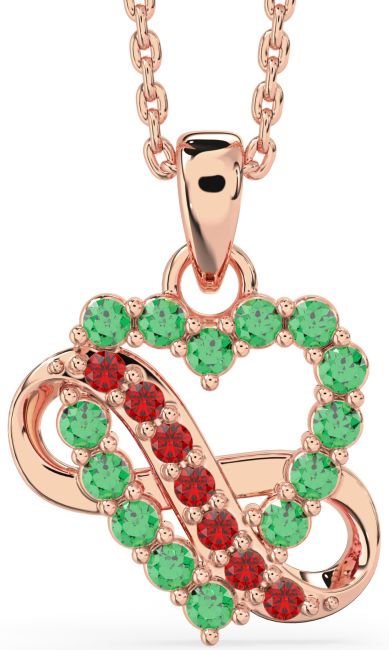 Emerald & Ruby Rose Gold Heart Infinity Necklace