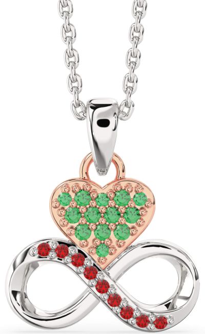 Emerald & Ruby White Rose Gold Heart Infinity Necklace