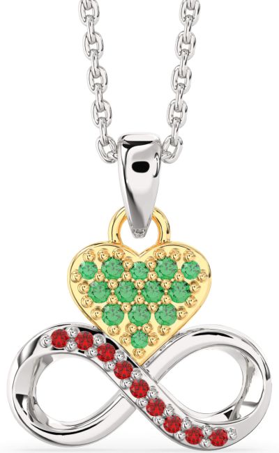 Emerald & Ruby Platinum & Yellow Gold Heart Infinity Necklace