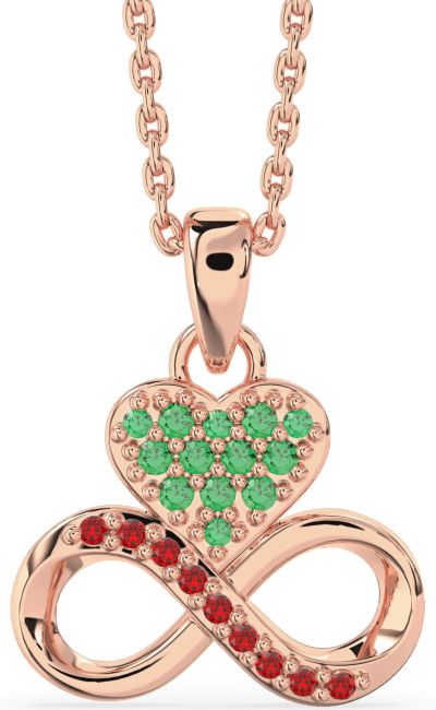 Emerald & Ruby Rose Gold Heart Infinity Necklace