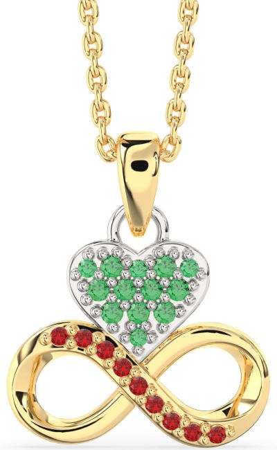 Emerald & Ruby Platinum & Yellow Gold Heart Infinity Necklace