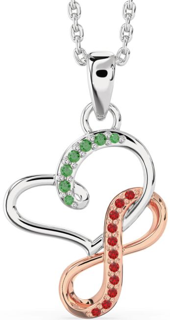 Emerald & Ruby Silver & 10K Rose Gold Infinity Heart Interlock Necklace
