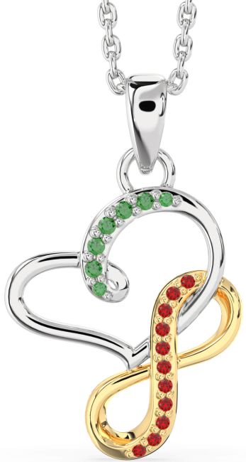 Emerald & Ruby White Yellow Gold Infinity Heart Interlock Necklace