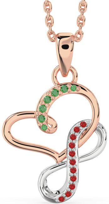 Emerald & Ruby Rose Gold Silver Infinity Heart Interlock Necklace