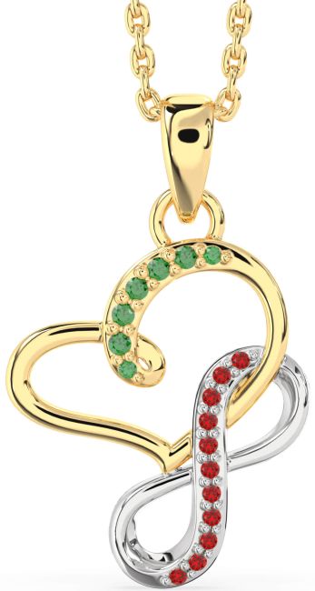 Emerald & Ruby Gold Silver Infinity Heart Interlock Necklace