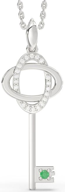Large Diamond Emerald Silver Key Necklace