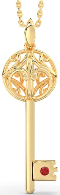 Large Ruby Gold Caged Key Necklace
