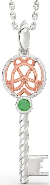 Large Emerald Platinum & Rose Gold Key Necklace