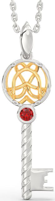 Large Ruby Silver & 10K gold Key Necklace