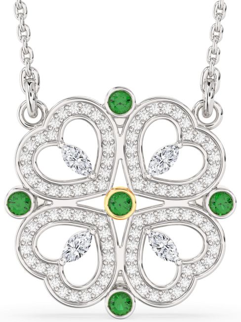 Diamond Emerald Gold Silver Clover Necklace