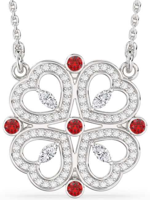 Diamond Ruby Platinum Clover Necklace
