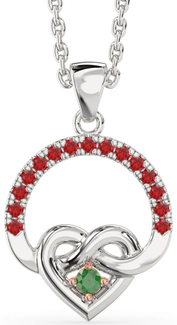 Emerald & Ruby White Rose Gold Heart Infinity Necklace